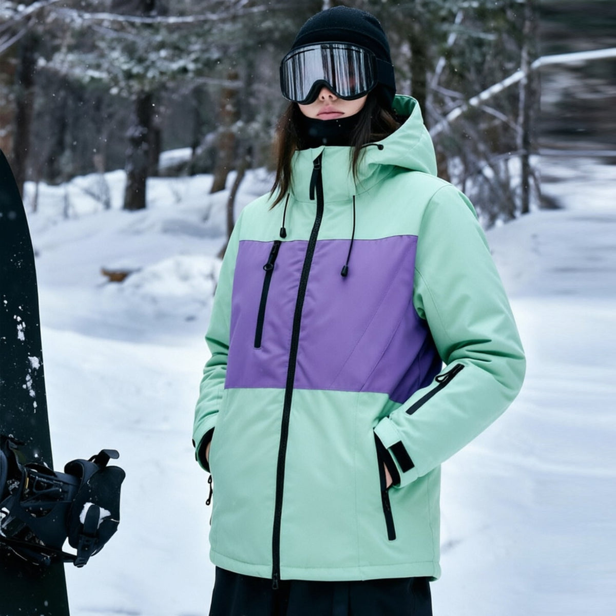 Unisex Color-Panel Hooded Ski Shell Coat