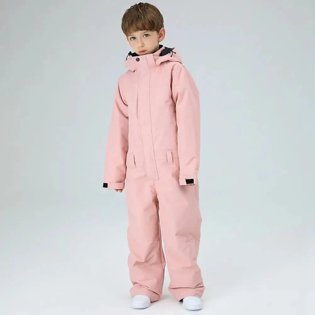 Children One Piece Ski Jumpsuits Waterproof Hooded Snowsuits