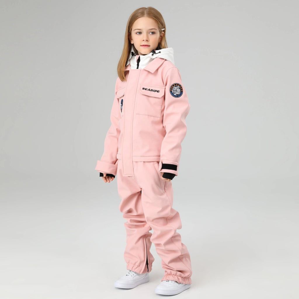 HOTIAN Girls Contrast Hooded Cargo One Piece Ski Jumpsuit With Side Zip