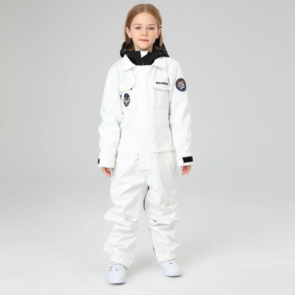 HOTIAN Girls Contrast Hooded Cargo One Piece Ski Jumpsuit With Side Zip