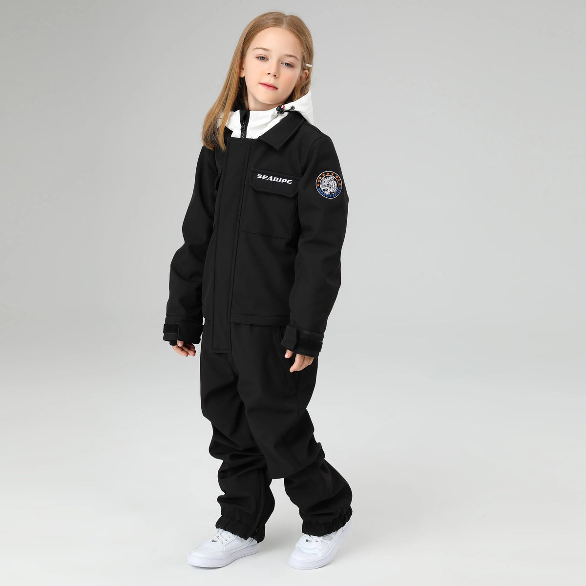 HOTIAN Girls Contrast Hooded Cargo One Piece Ski Jumpsuit With Side Zip