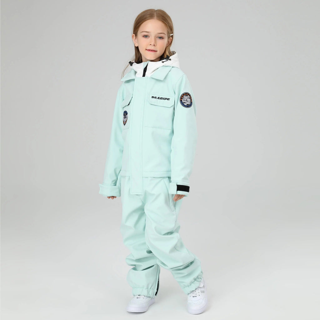 HOTIAN Girls Contrast Hooded Cargo One Piece Ski Jumpsuit With Side Zip