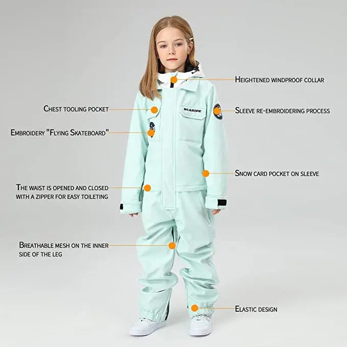 HOTIAN Girls Contrast Hooded Cargo One Piece Ski Jumpsuit With Side Zip
