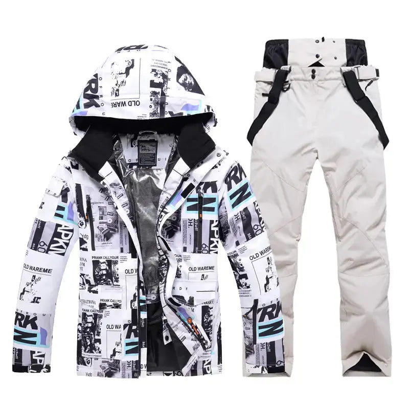 Mens Waterproof Printed Ski Suits 2 Pieces Snowsuits Set