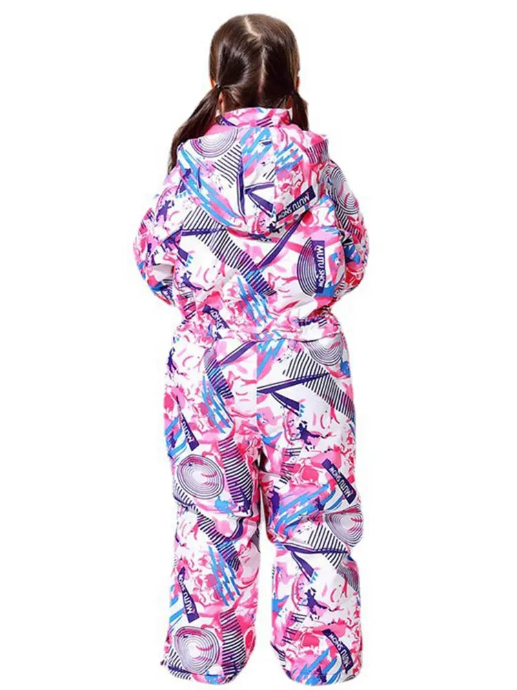 Kids' Geometric Print One-Piece Snowsuit Girls' Ski Jumpsuit