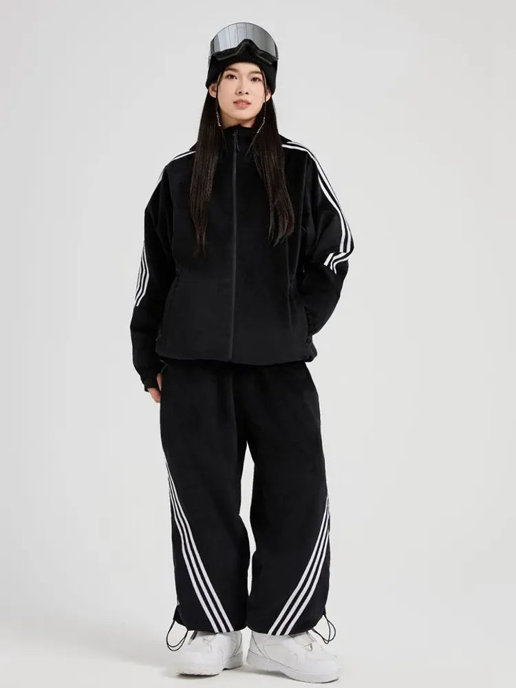 Women Black Velvet Ski Suit Set Baggy Style Snow Wear
