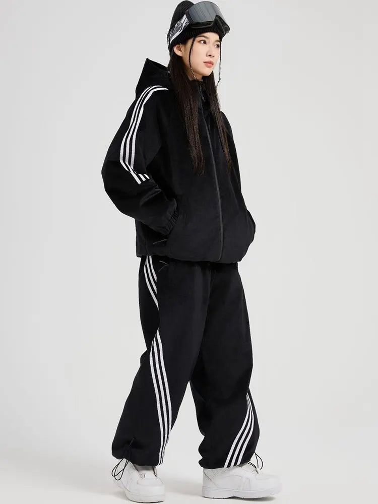 Women Black Velvet Ski Suit Set Baggy Style Snow Wear