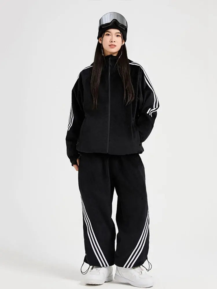 Women Black Velvet Ski Suit Set Baggy Style Snow Wear