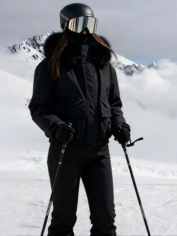 Women Fur Collar Snow Jacket &  Slim Fit Snow Bib Overalls
