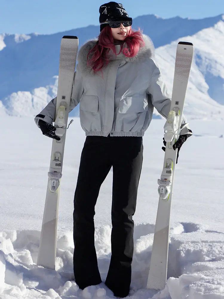 Women Fur Collar Snow Jacket &  Slim Fit Snow Bib Overalls