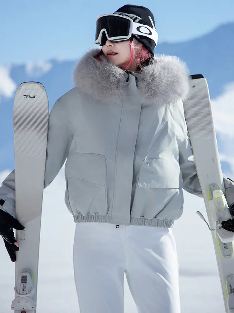 Women Fur Collar Snow Jacket &  Slim Fit Snow Bib Overalls