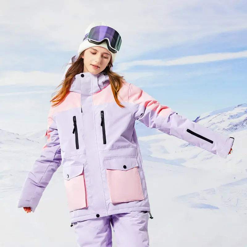 Women Hooded Snowboard Jacket Cargo Pockets Ski Coat