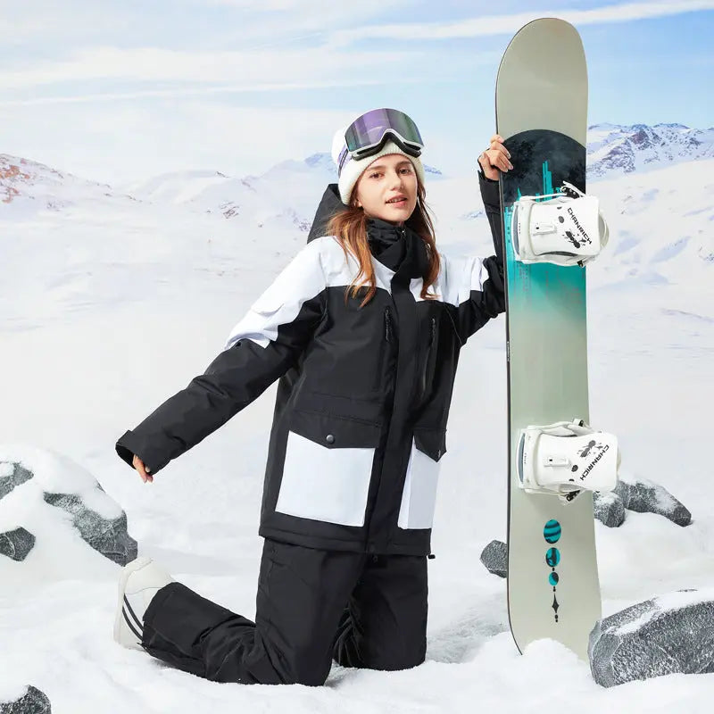 Women Hooded Snowboard Jacket Cargo Pockets Ski Coat