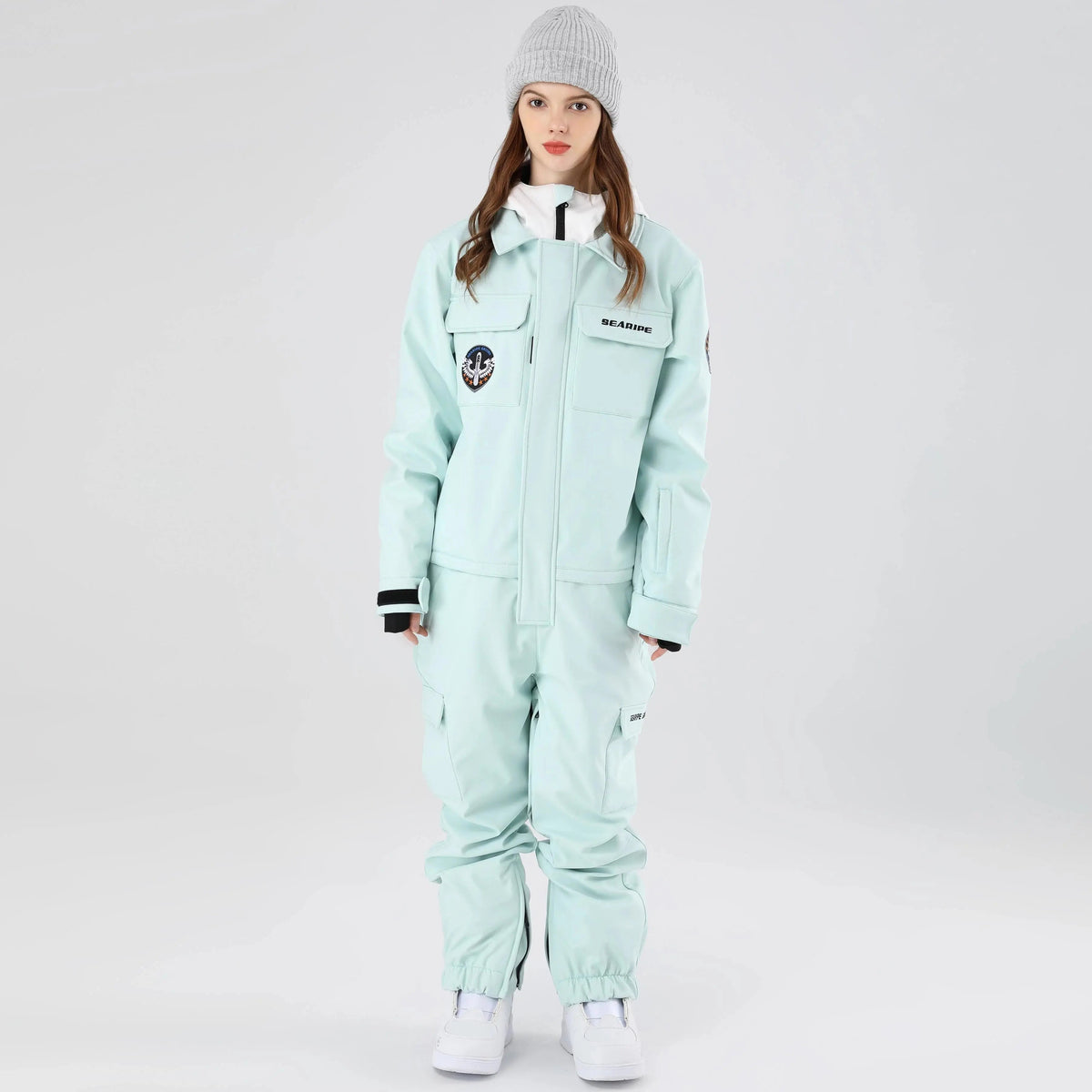 Women One Piece Ski Suits Hooded Cargo Ski Jumpsuits