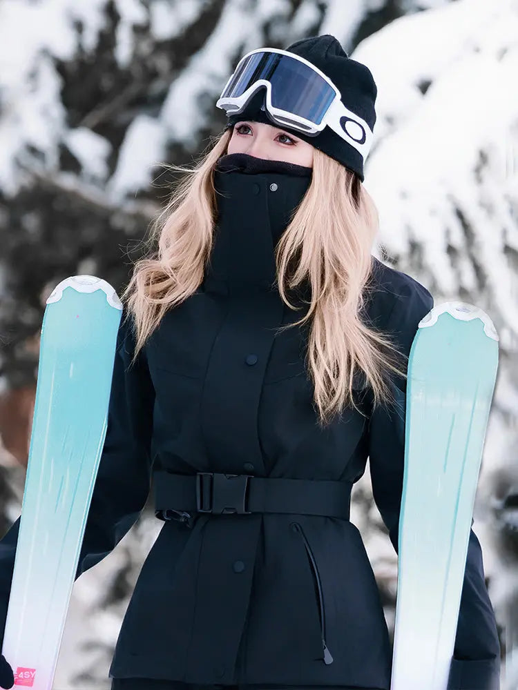 Women Quilted Skisuits Belted Snow Jacket & Slim Fit Trousers