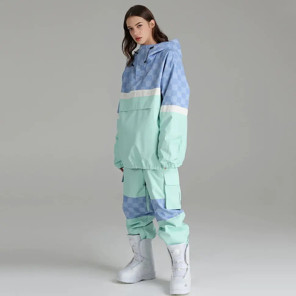 Women Colorblock Contrast Ski Set Anorak Jacket Cargo Jogger Pants