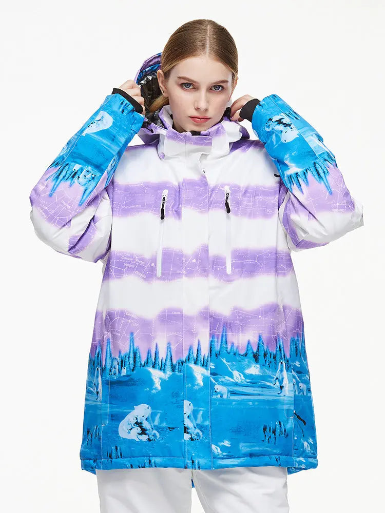 Women Waterproof Ski Jacket Hooded Printed Snowboard Coat