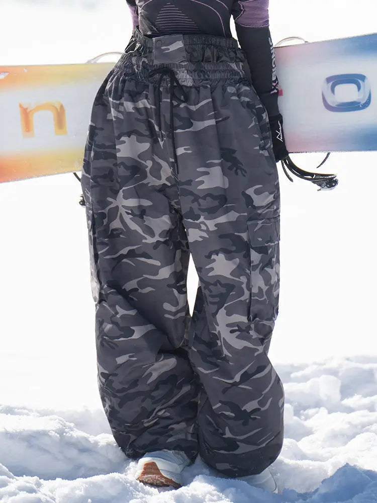 Women's Camo Snownoard Pants Baggy Drawstring Ski Trousers