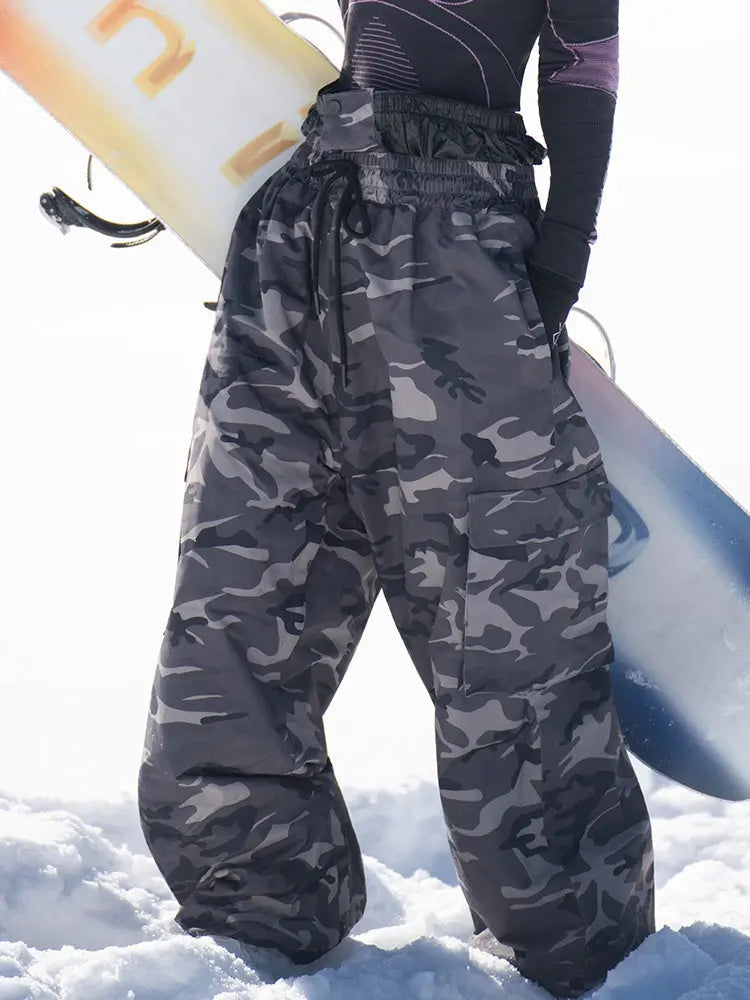 Women's Camo Snownoard Pants Baggy Drawstring Ski Trousers