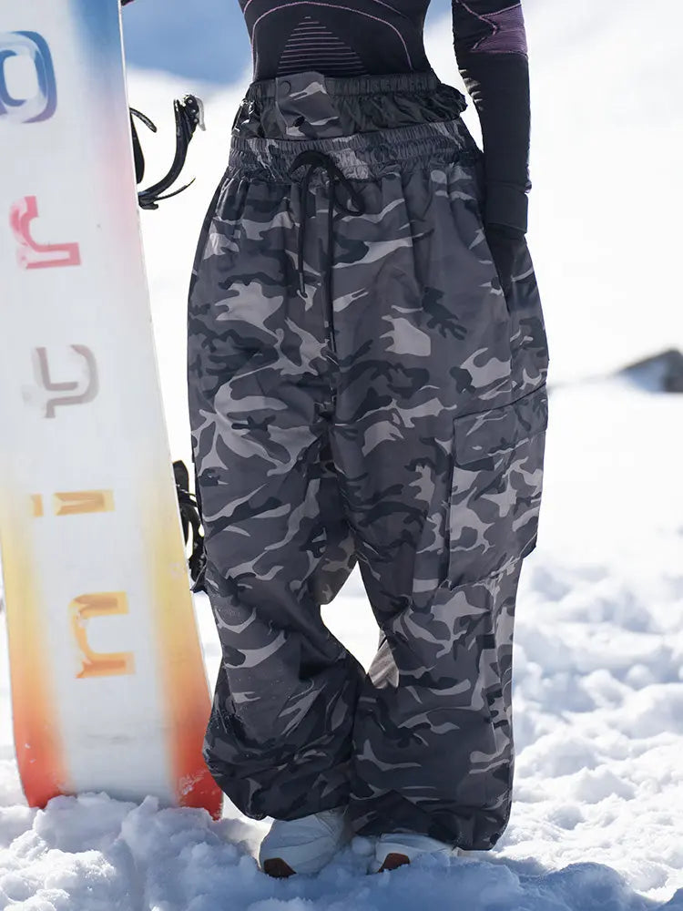 Women's Camo Snownoard Pants Baggy Drawstring Ski Trousers
