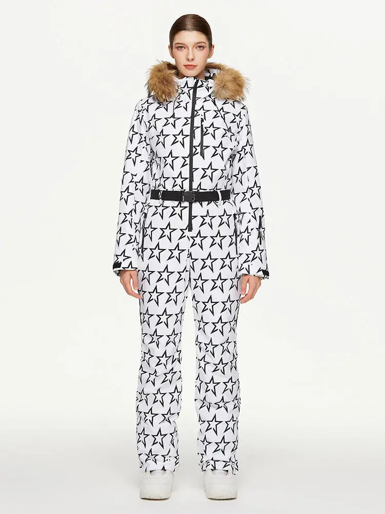 Women's Chic Full Body Onesie Ski Jumpsuit Houndstooth Printed Skisuits