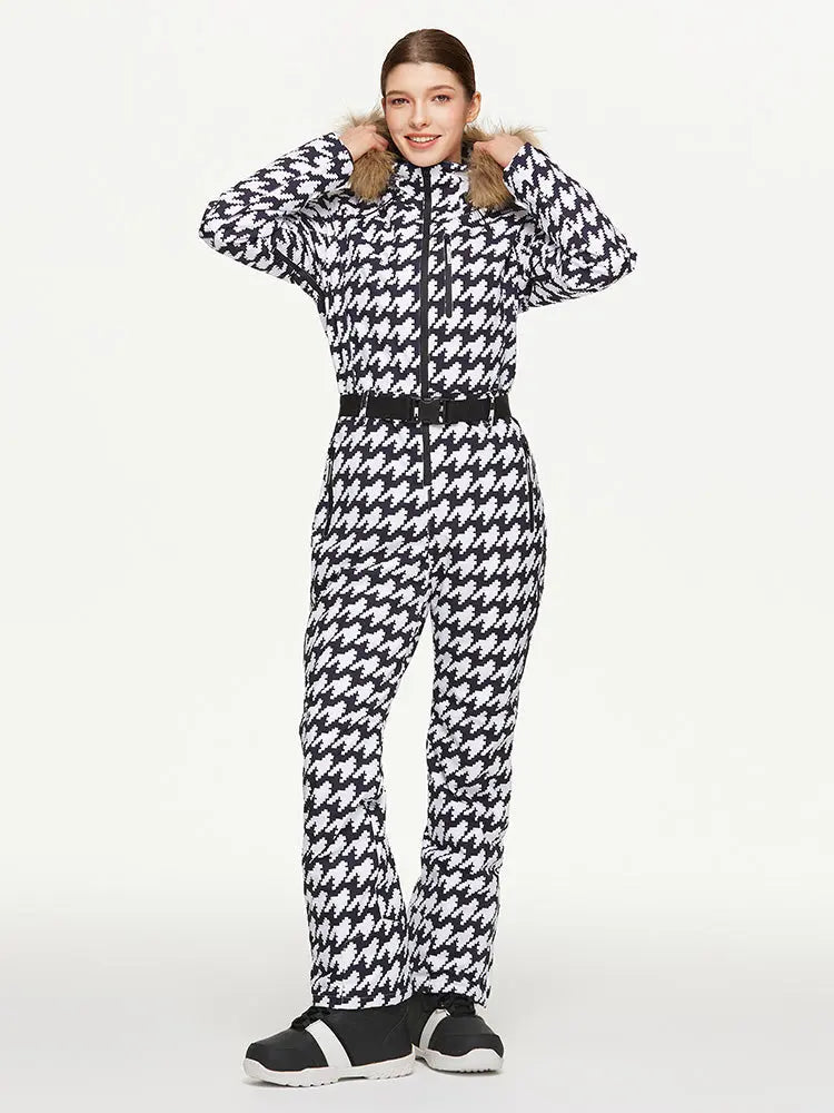 Women's Chic Full Body Onesie Ski Jumpsuit Houndstooth Printed Skisuits