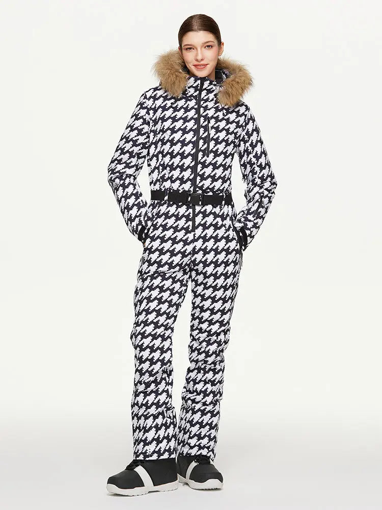 Women's Chic Full Body Onesie Ski Jumpsuit Houndstooth Printed Skisuits