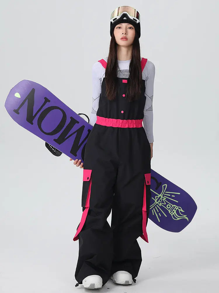 Women's High Waist Snow Bib Overalls Baggy Ski Pants